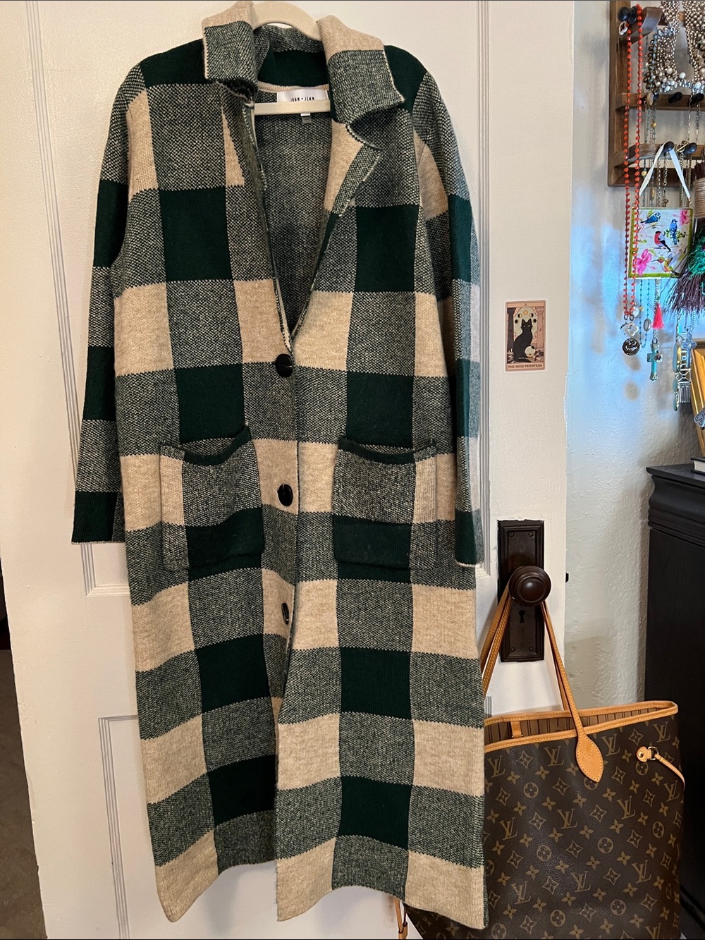 Anthropologie Green and Cream Checked Long Pea Coat